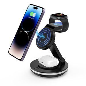 Картинка Магнитная беспроводная зарядная док-станция 4в1 MagSafe Type-C для Apple iPhone, AirPods, Apple Watch с подсветкой зарядка для айфона, часов и наушников