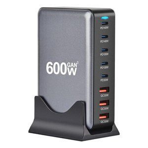 Зображення Блок живлення Type-C зарядний пристрій USB Хаб GaN 600W (600Вт) Швидка Зарядка для ноутбука та телефону PD 140W
