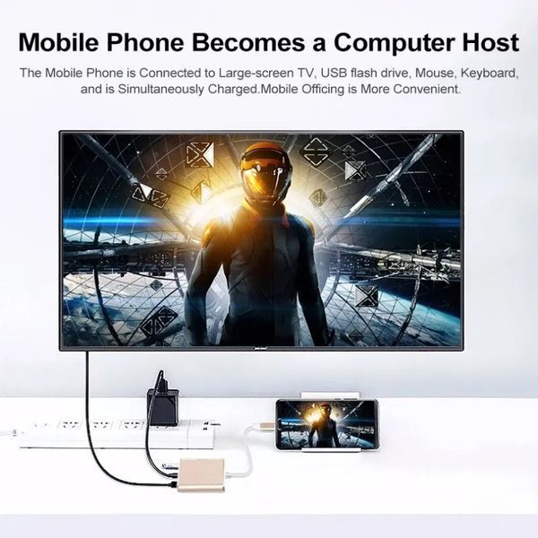 Картинка Переходник Type-C на HDMI USB 3.0, адаптер для MacBook Apple Samsung Asus HP Type-С USB-хаб 4K 3 в 1