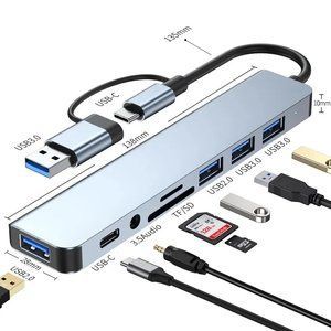 Картинка Универсальный разветвитель Type-C/USB хаб 3.0 с 8 портами (USB, SD/TF, аудио) док-станция 5 Гбит/с