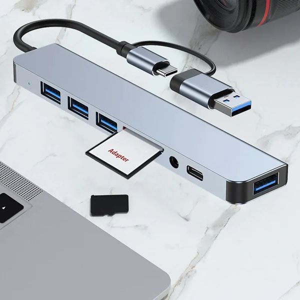 Картинка Универсальный разветвитель Type-C/USB хаб 3.0 с 8 портами (USB, SD/TF, аудио) док-станция 5 Гбит/с