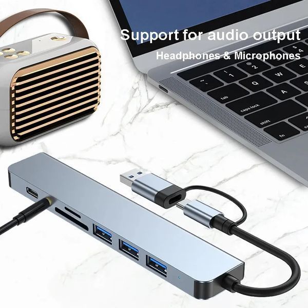 Картинка Универсальный разветвитель Type-C/USB хаб 3.0 с 8 портами (USB, SD/TF, аудио) док-станция 5 Гбит/с
